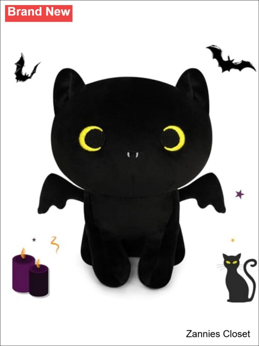 👻 8 Inch Black Cat Plush with Bat Wings Halloween Stuffed Animal Teddy Bear